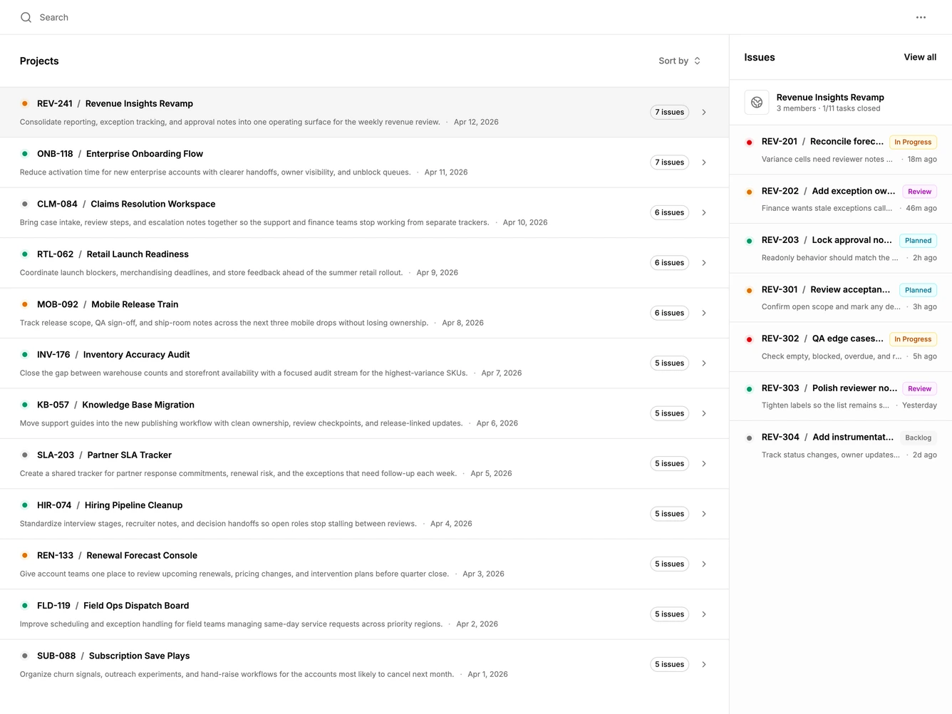 Shadcn Project List 4 - Project list with issue panel