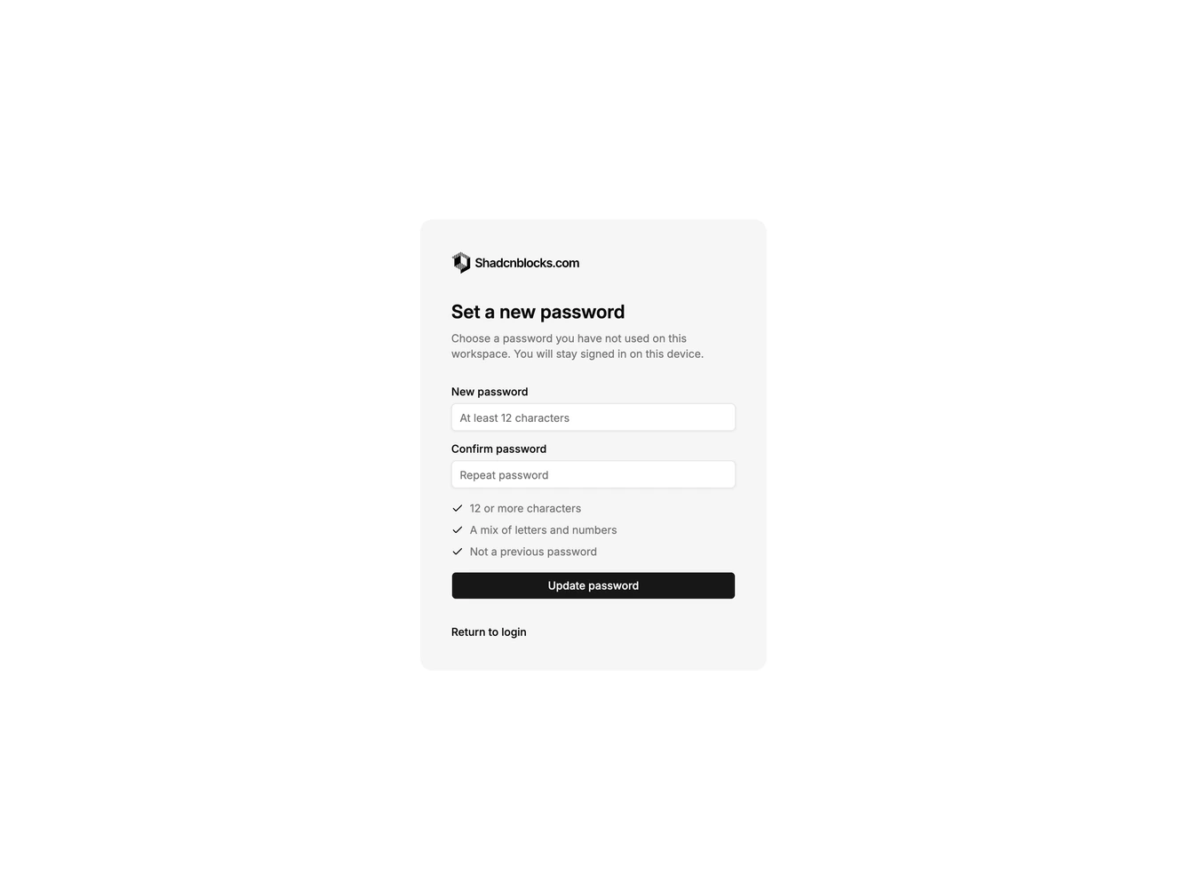 Shadcn Reset Password 4 - Reset password with rules list