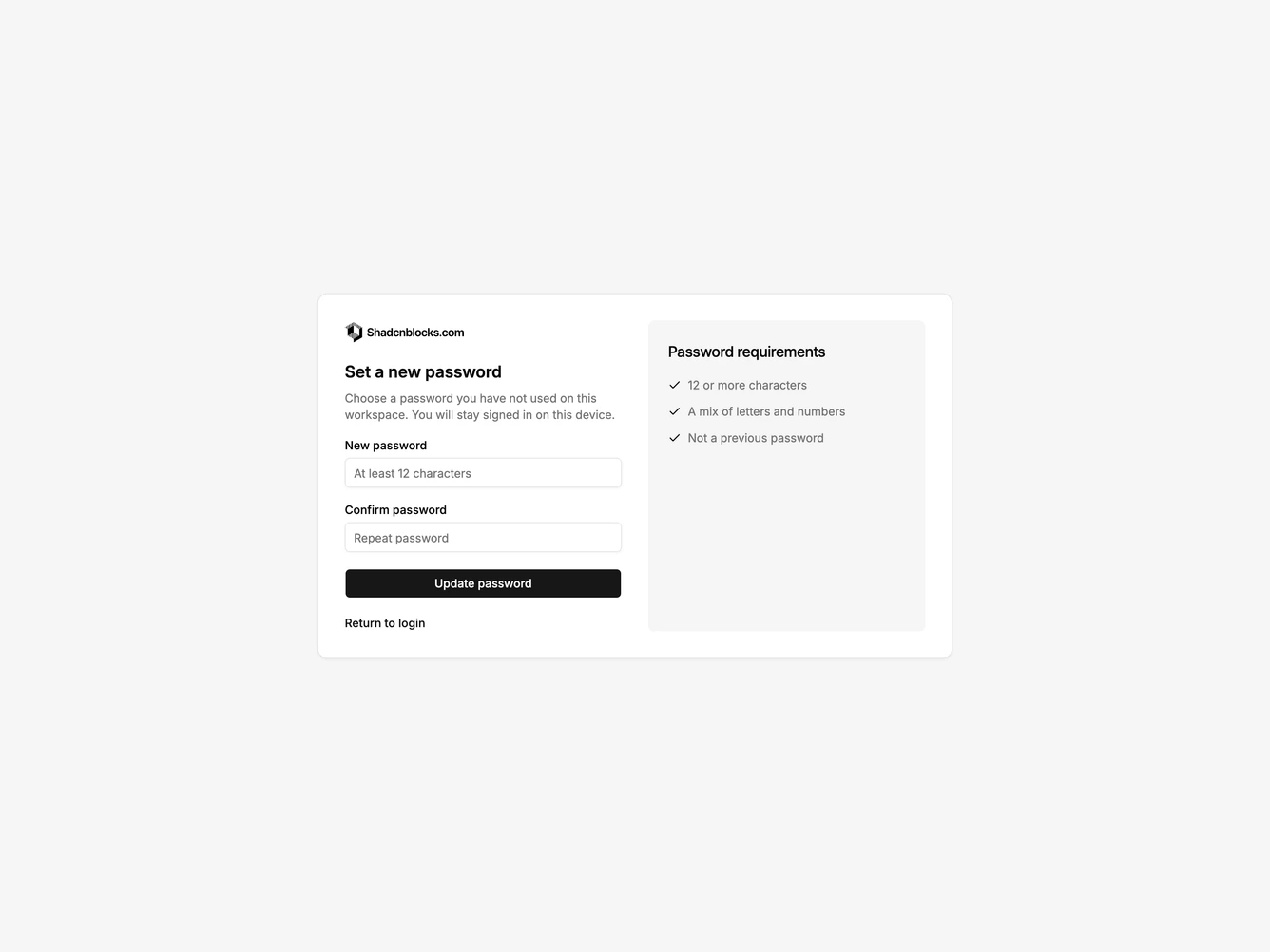 Shadcn Reset Password 6 - Reset password with rules panel