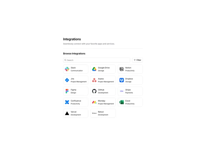 Shadcn Settings Integrations 1 - Integration Grid with Search