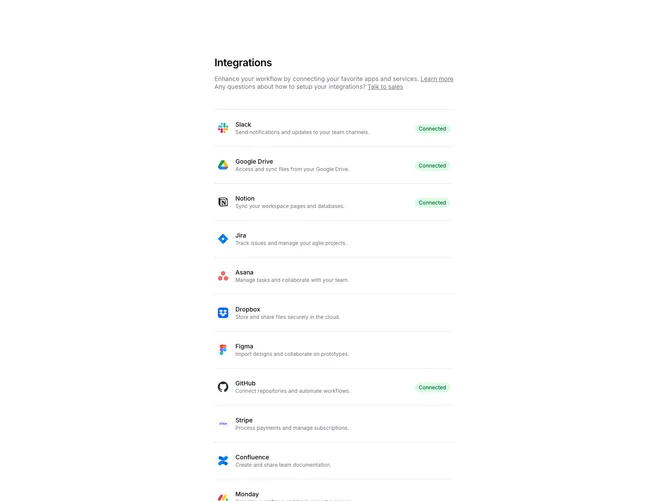 Shadcn Settings Integrations 2 - Integration List with Status