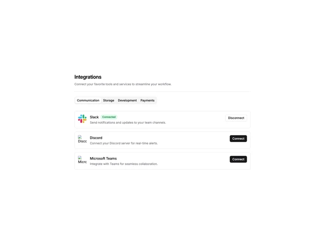 Shadcn Settings Integrations 4 - Tabbed Integration Categories