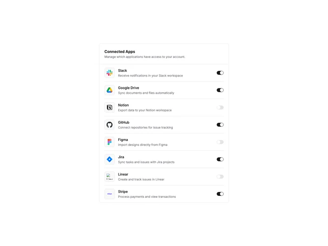Shadcn Settings Integrations 5 - Toggle Switch Integration List