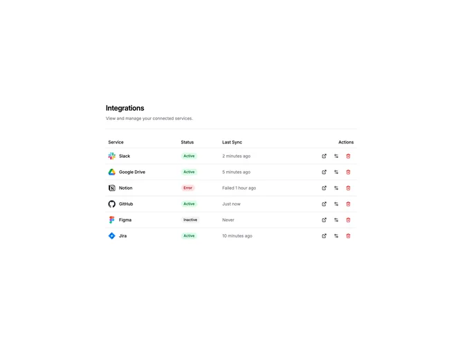 Shadcn Settings Integrations 6 - Integration Table with Actions