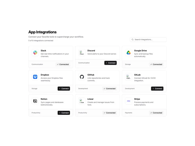 Shadcn Settings Integrations 7 - Integration Cards with Footer Actions