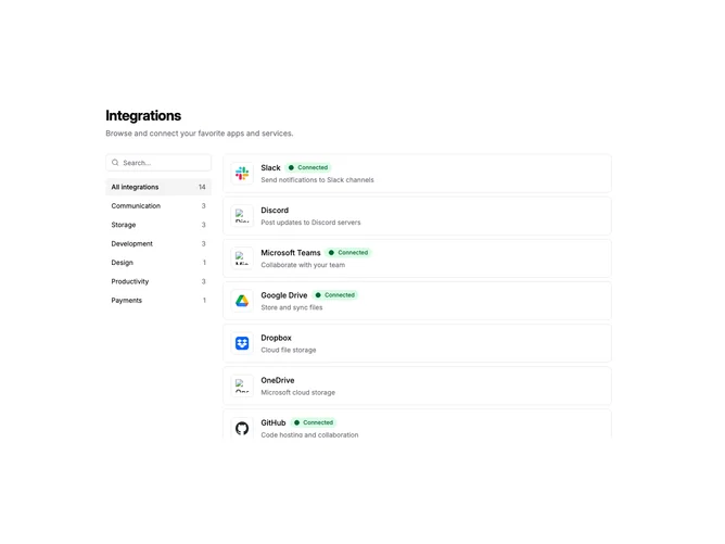 Shadcn Settings Integrations 8 - Sidebar Category Navigation