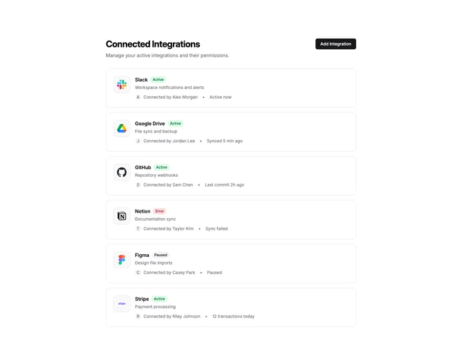 Shadcn Settings Integrations 9 - Connected Integrations with Activity