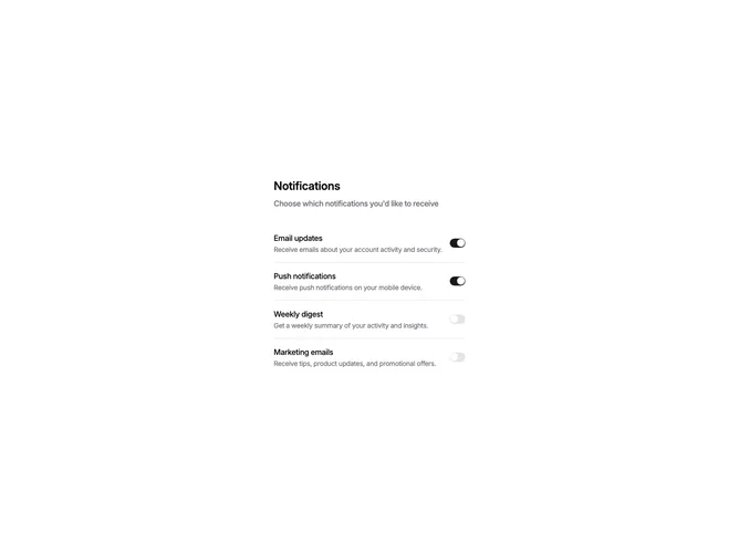 Shadcn Settings Notifications 2 - Simple Switch List