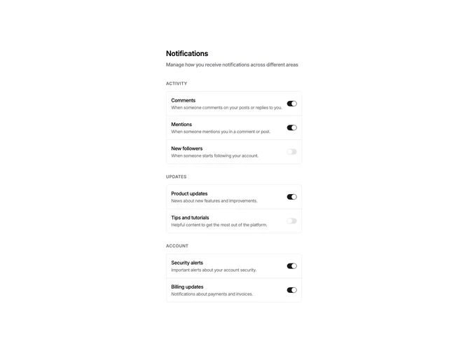 Shadcn Settings Notifications 3 - Grouped Categories with Switches