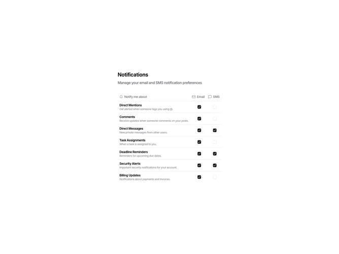 Shadcn Settings Notifications Blocks