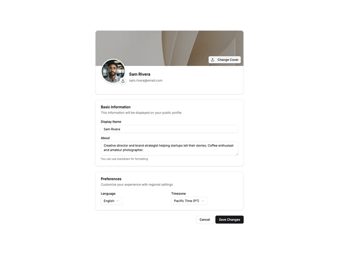 Shadcn Settings Profile Blocks
