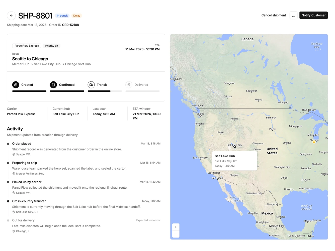 Shadcn Shipments 2 - Shipment detail with route map and activity timeline