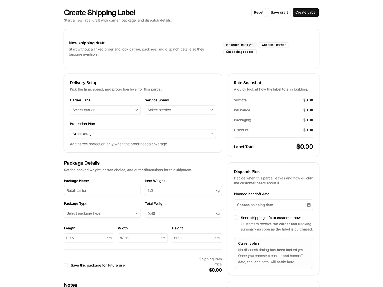 Shadcn Shipments 3 - Create shipping label with rates and dispatch plan