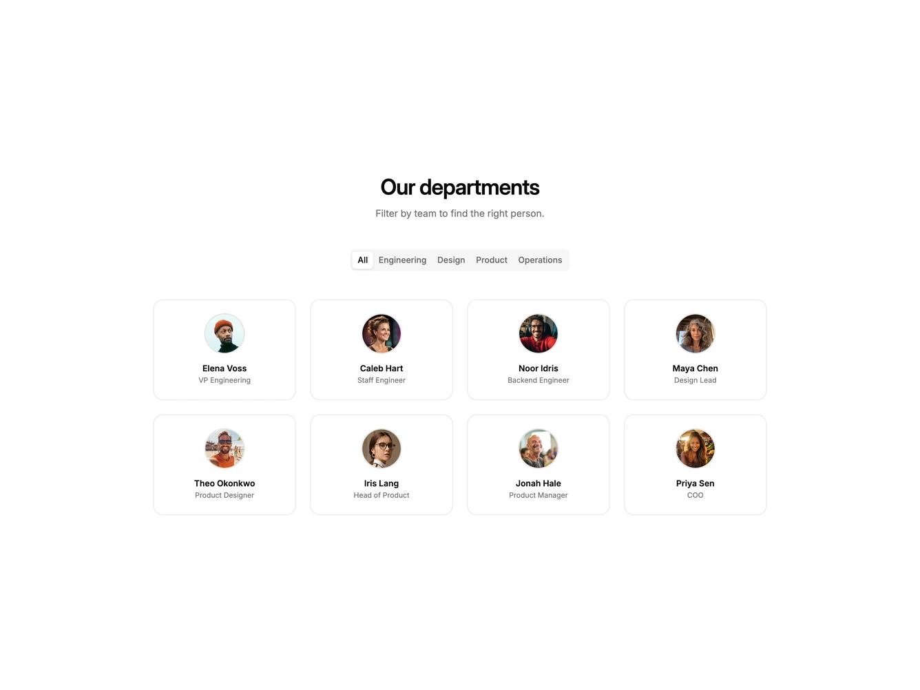 Shadcn Team 45 - Filterable department team grid