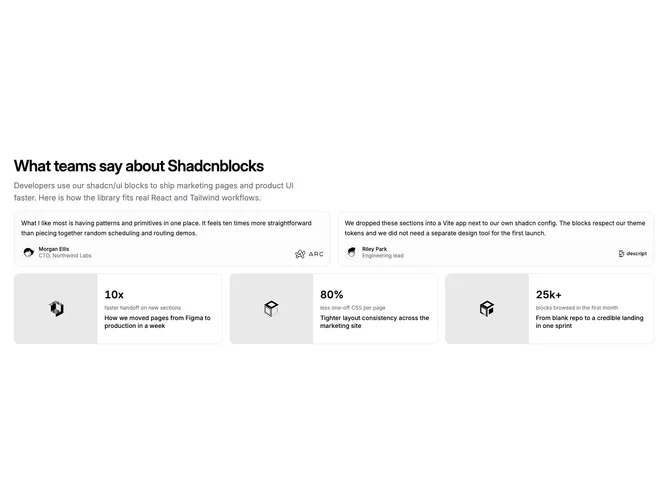 Shadcn Testimonial 39 - Snap Scroll Quotes And Image Case Rows