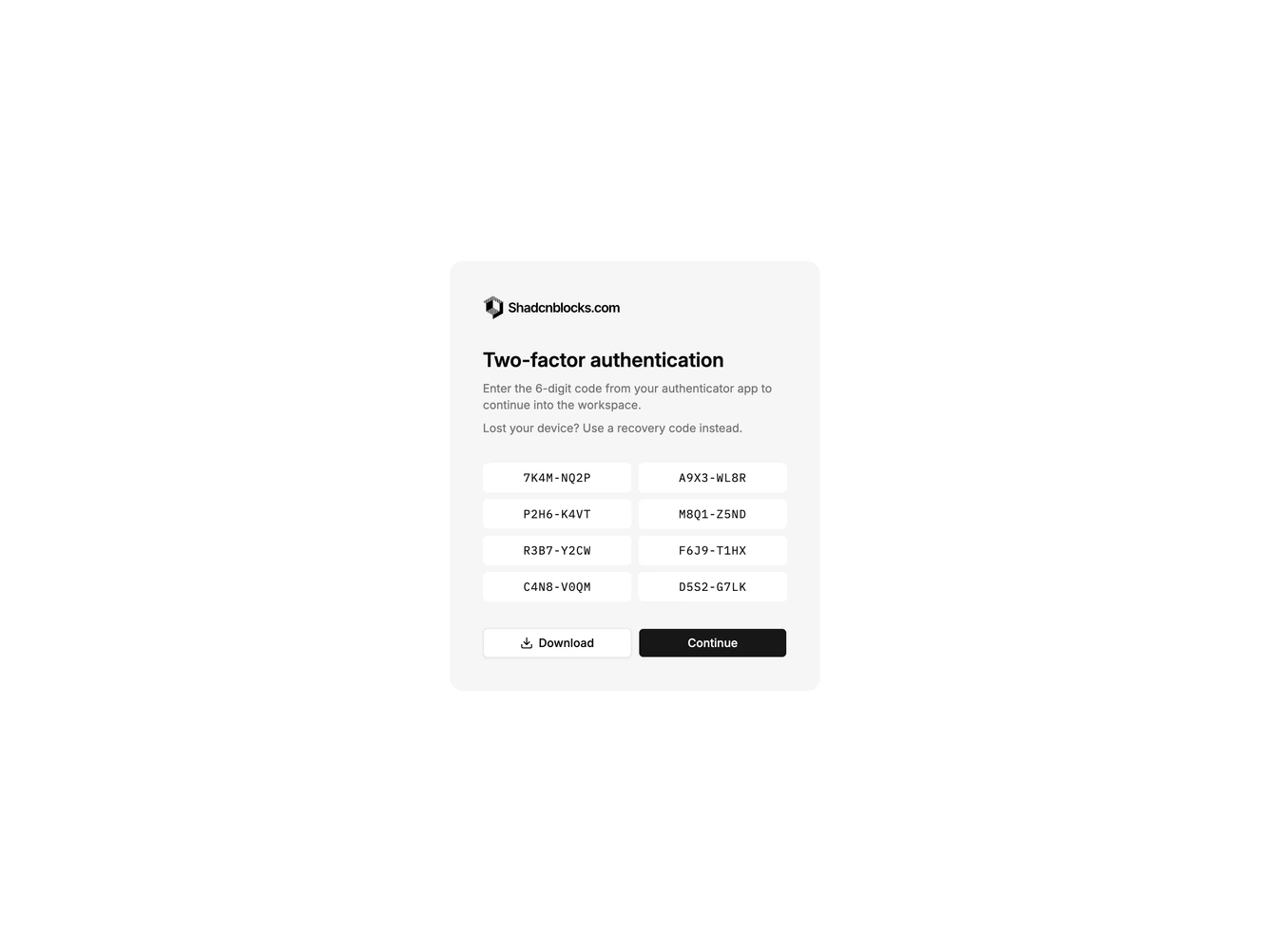 Shadcn Two Factor 6 - Two factor recovery codes