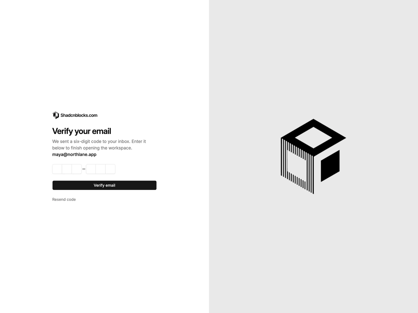 Shadcn Verify Email 2 - Split verify email with image