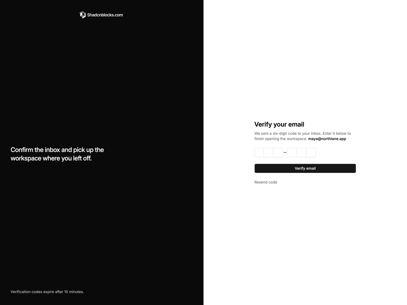 Shadcn Verify Email 5 - Branded column verify email