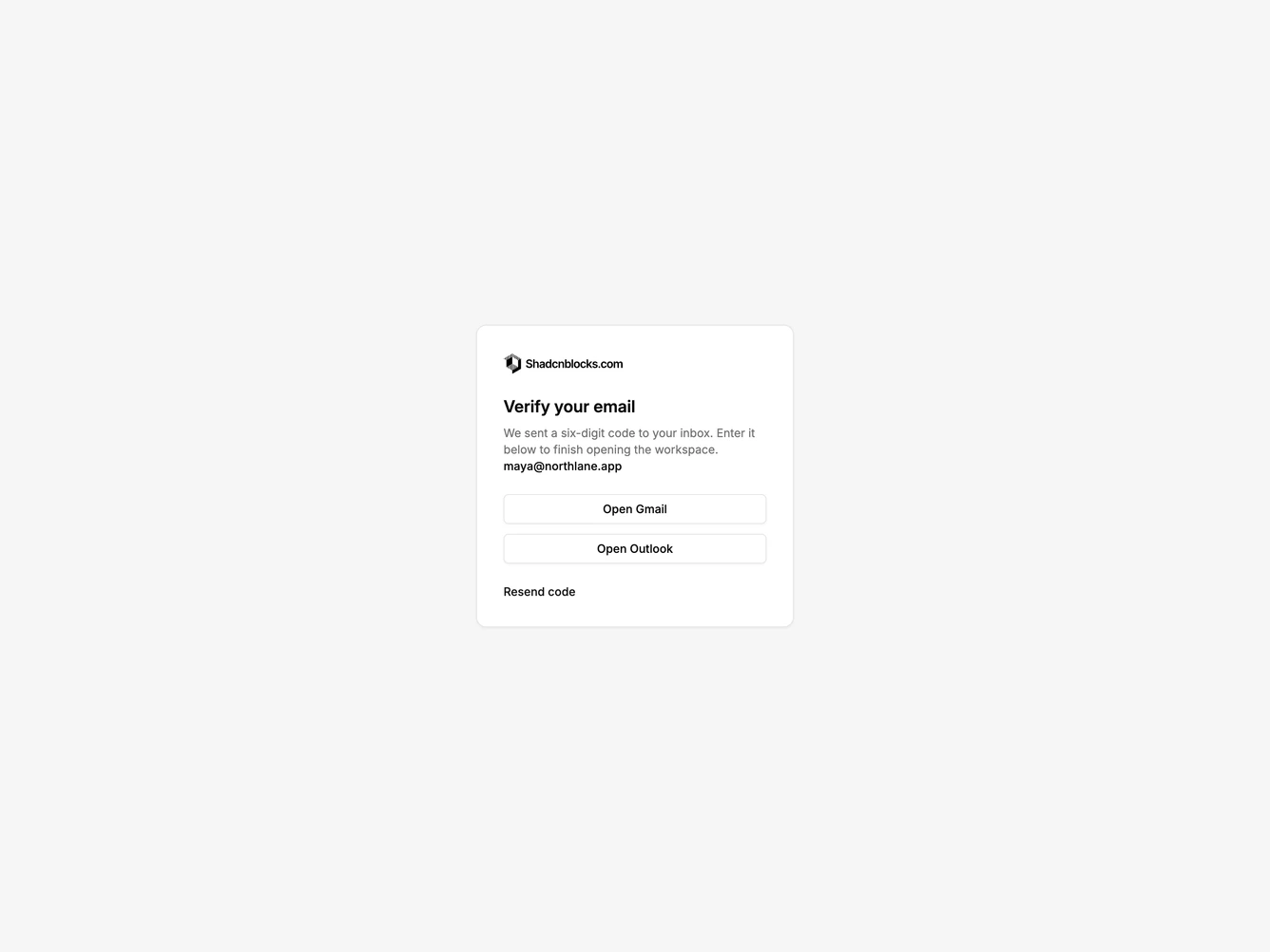 Shadcn Verify Email 6 - Verify email with inbox shortcuts