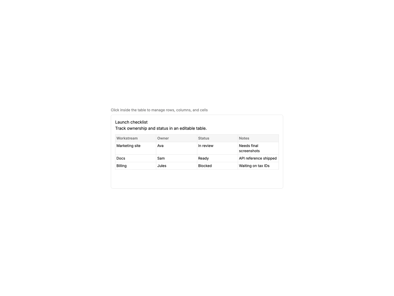 Shadcn Editor Table 1 component