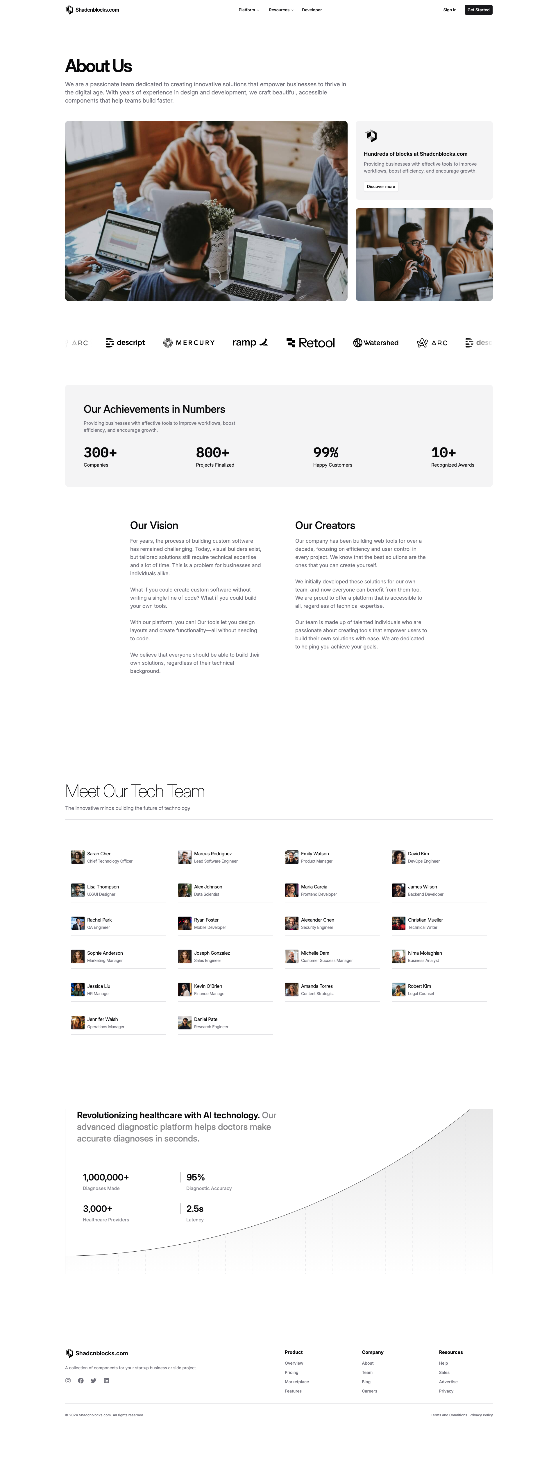 Shadcn About Page 1 - Team-focused about page with achievements