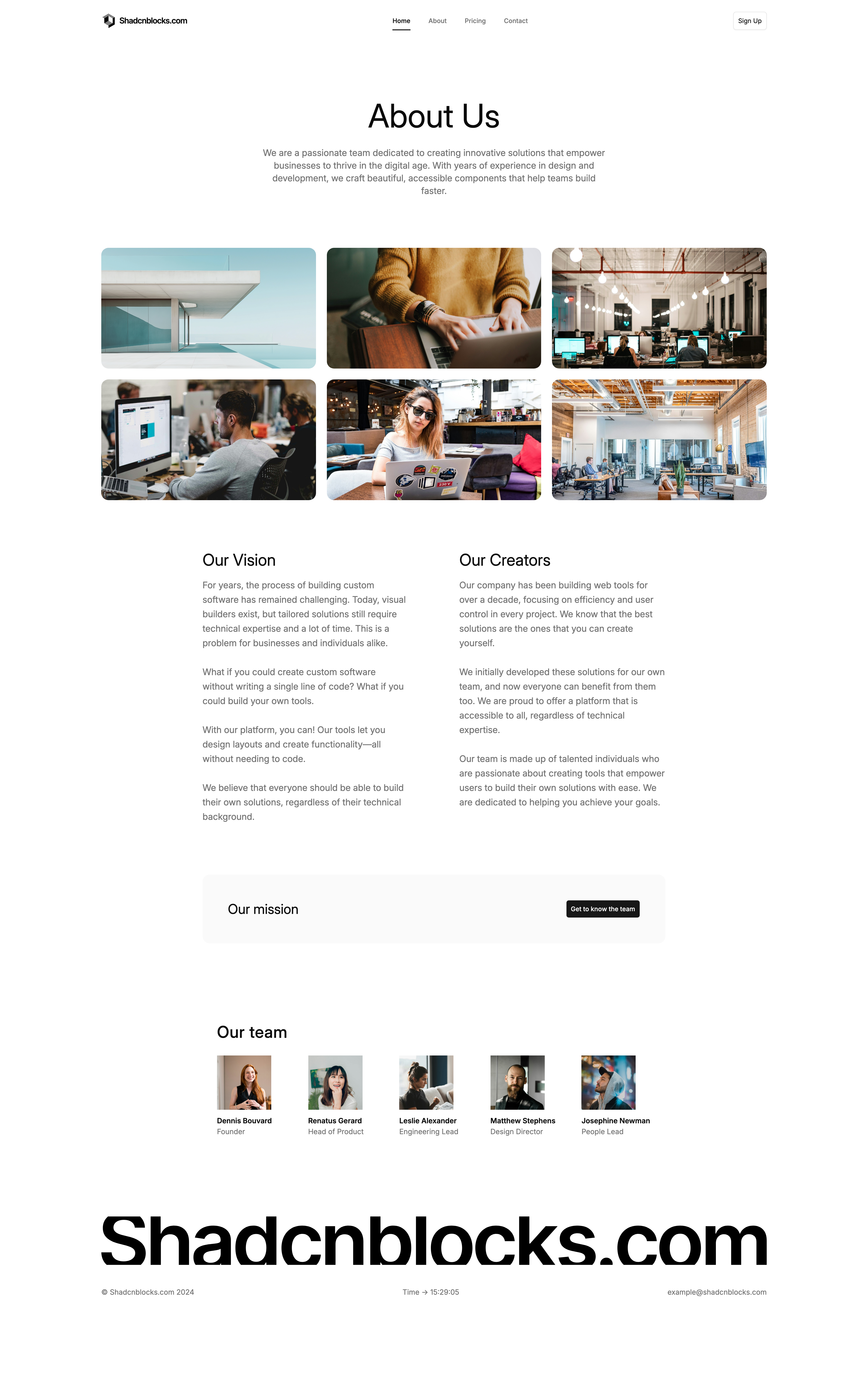 Shadcn About Page 10 - Vision about page with image grid and photo roster