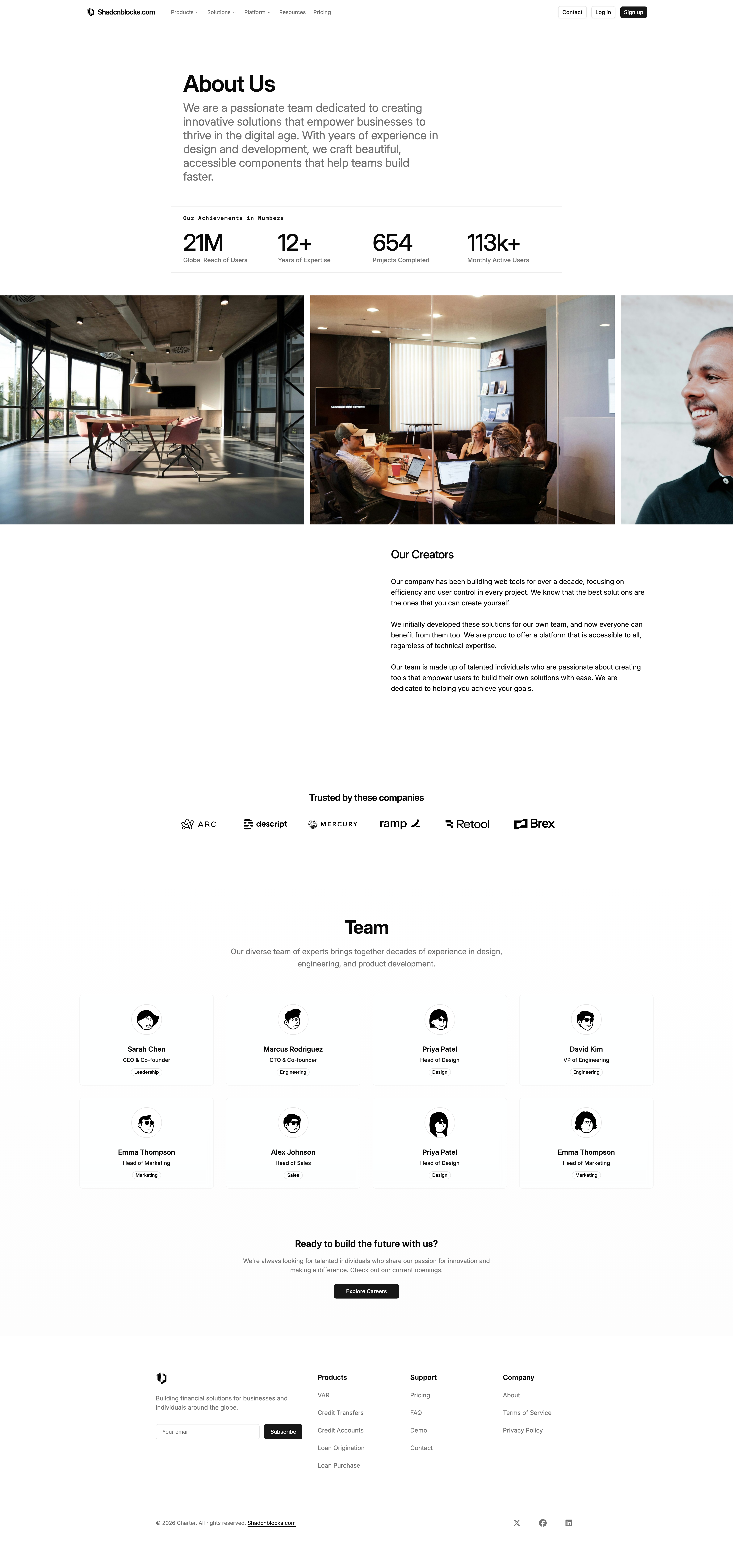 Shadcn About Page 11 - Fintech about page with partner logos and team