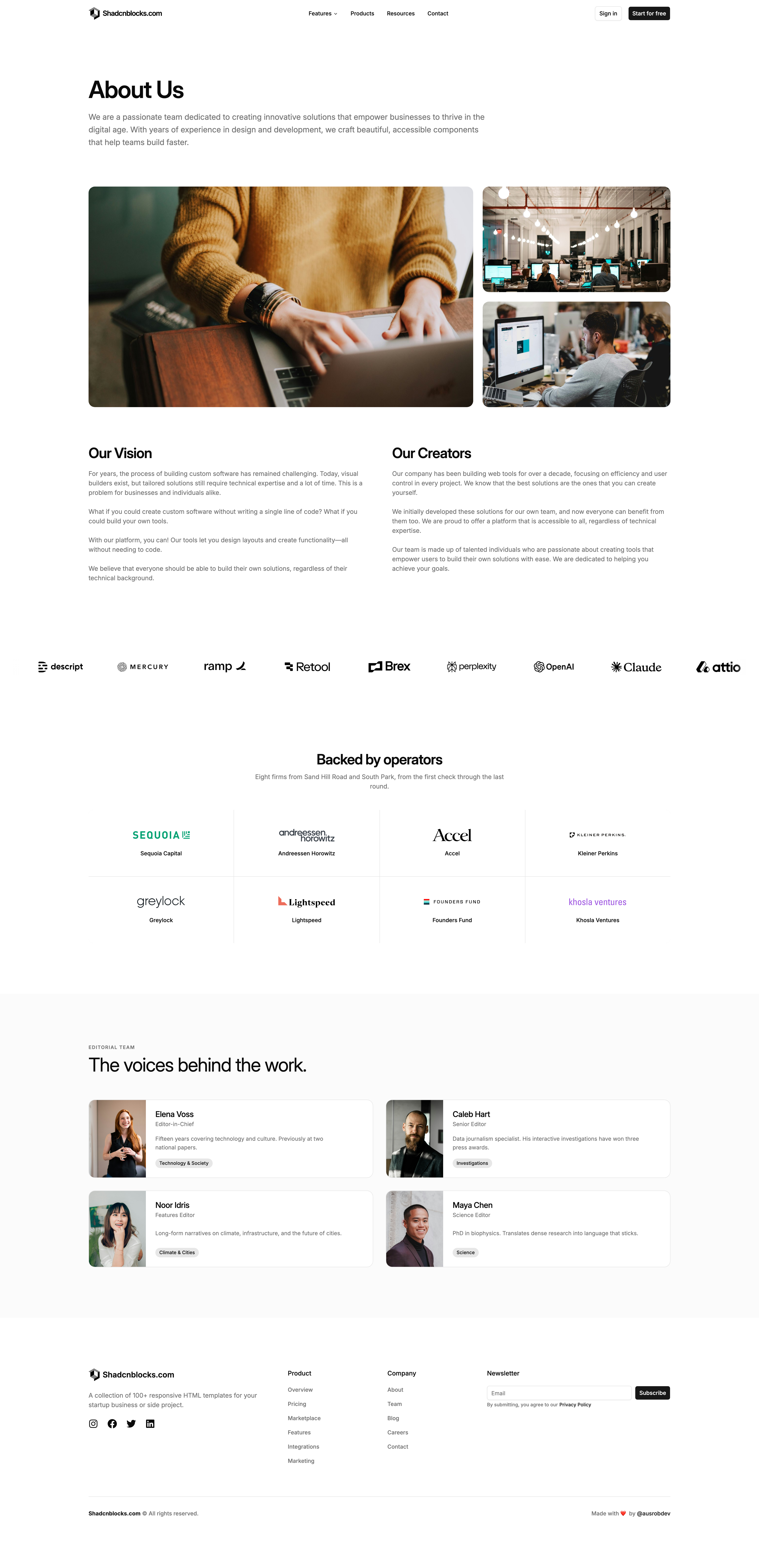 Shadcn About Page 13 - Studio about page with logo marquee, investors, and portraits