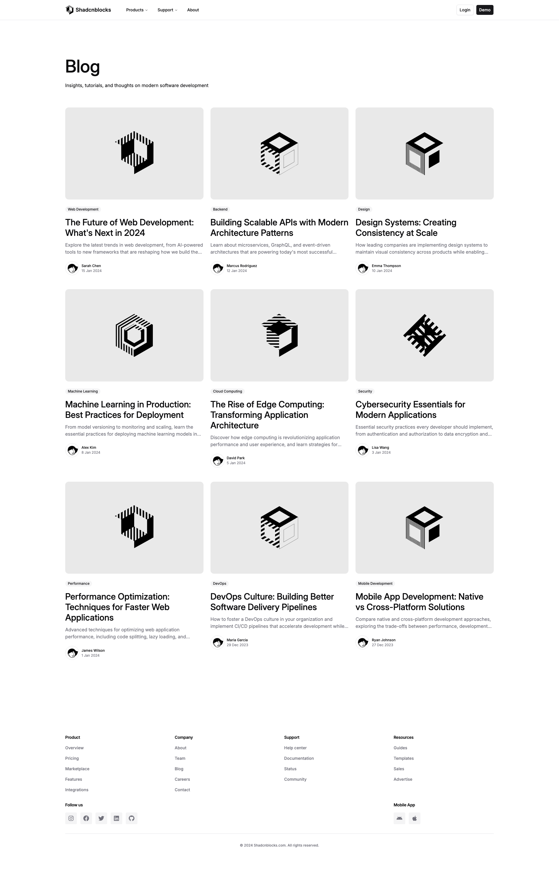 Shadcn Blog Page 1 - Large grid blog index