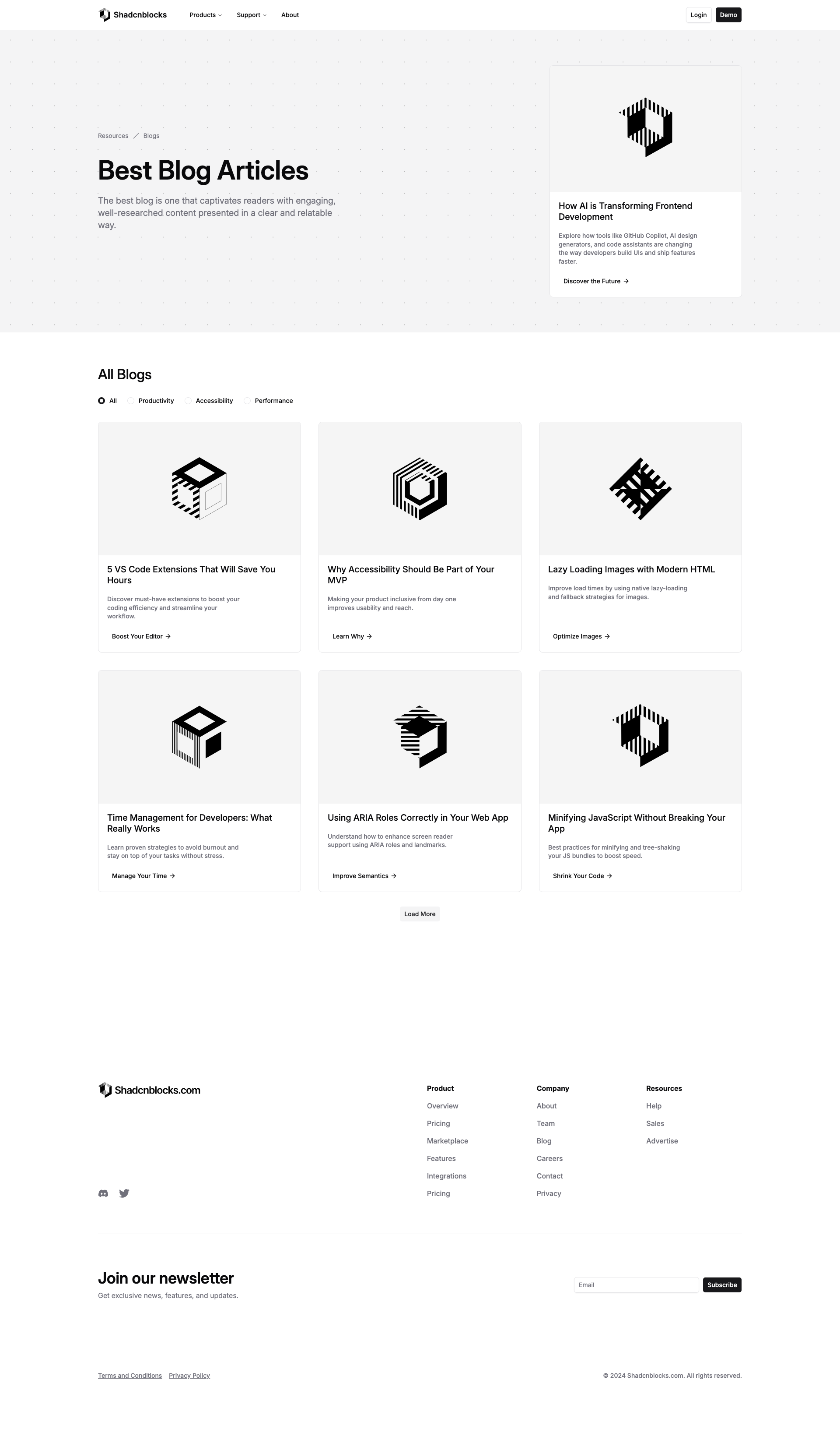 Shadcn Blog Page 2 - Filtered blog index with spotlight