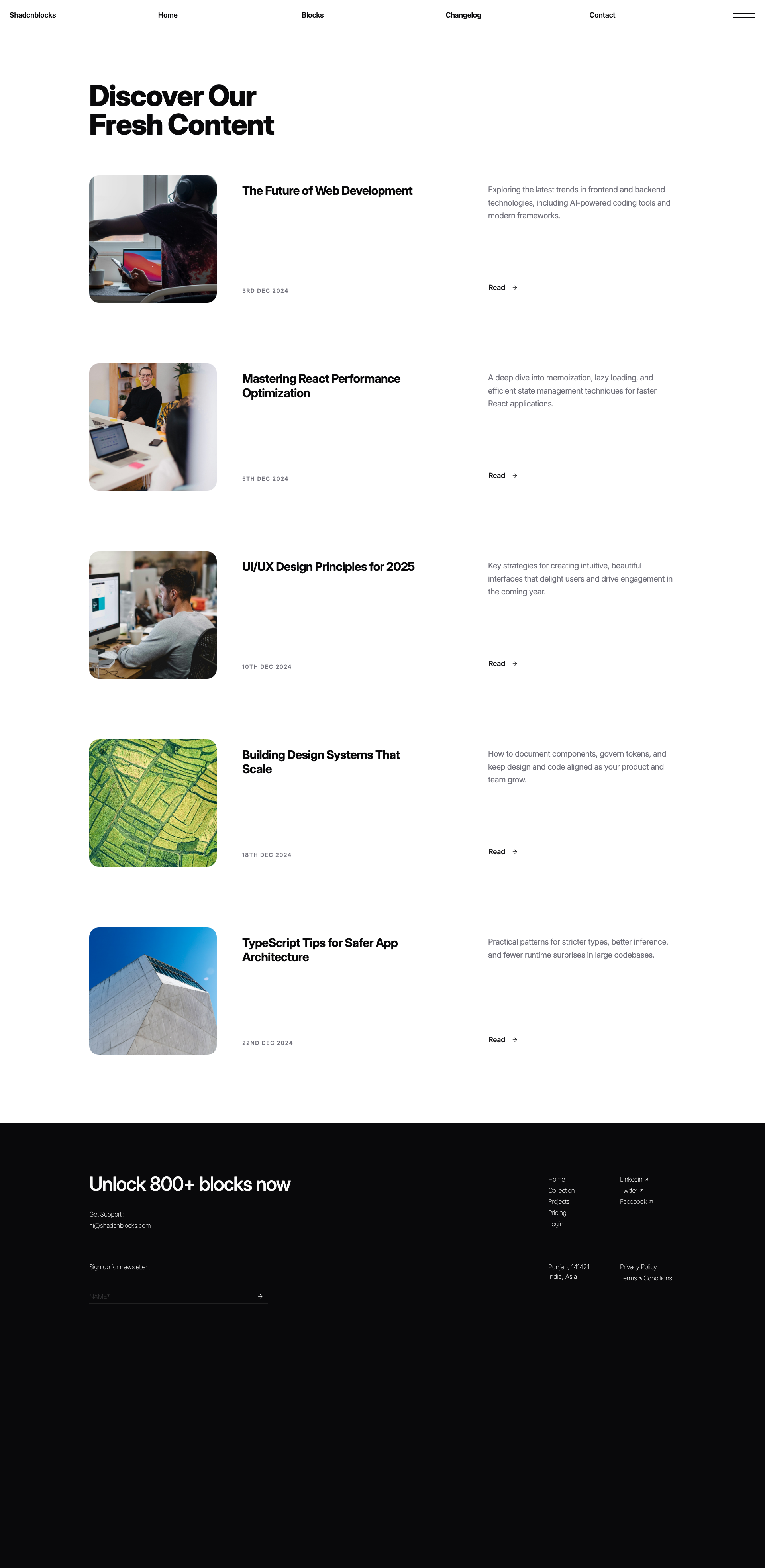 Shadcn Blog Page 3 - Row-based blog index with square art