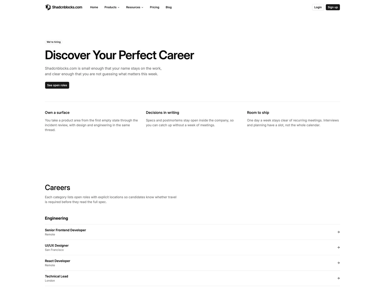 Shadcn Careers Page 1 page