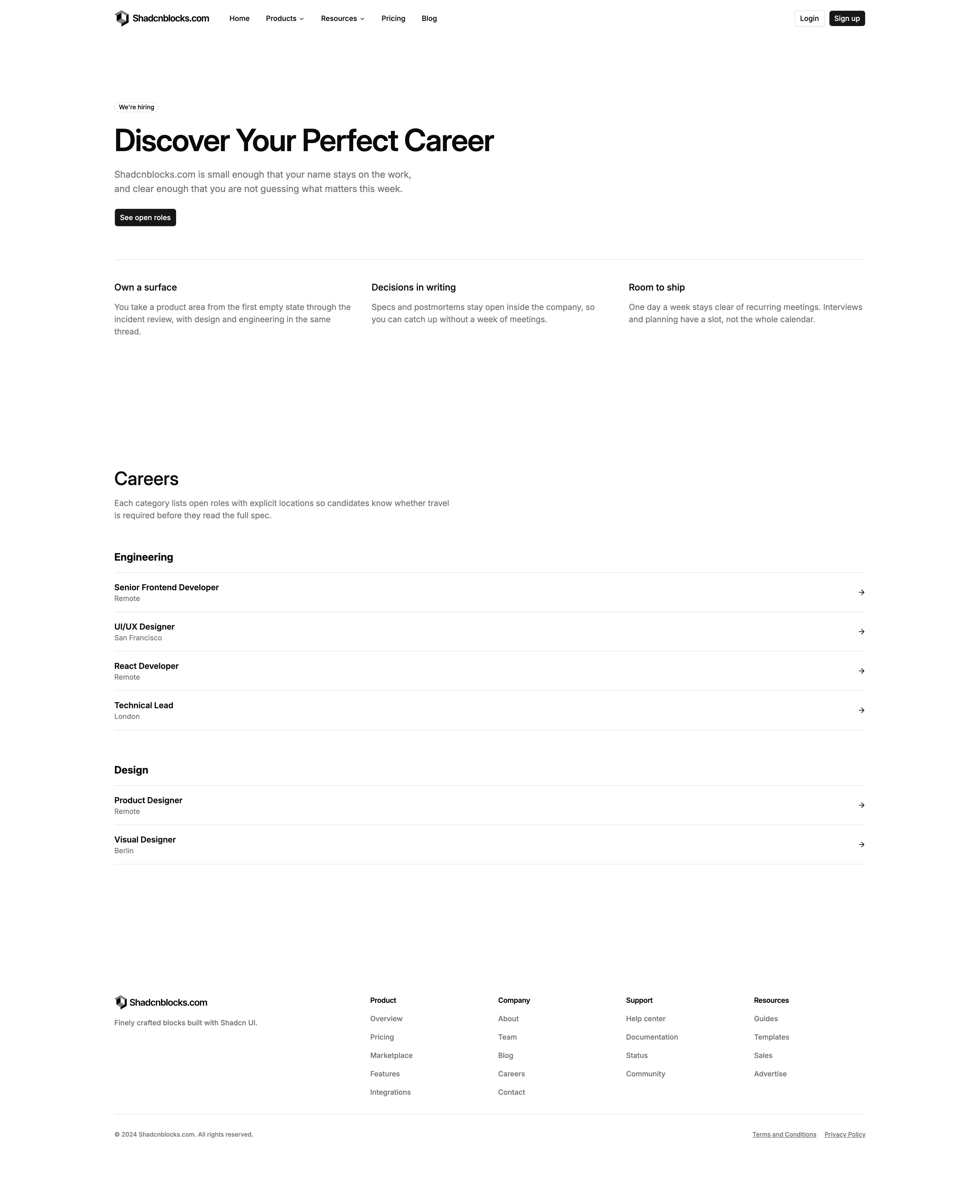 Shadcn Careers Page 1 - Free careers page with company intro and category lists