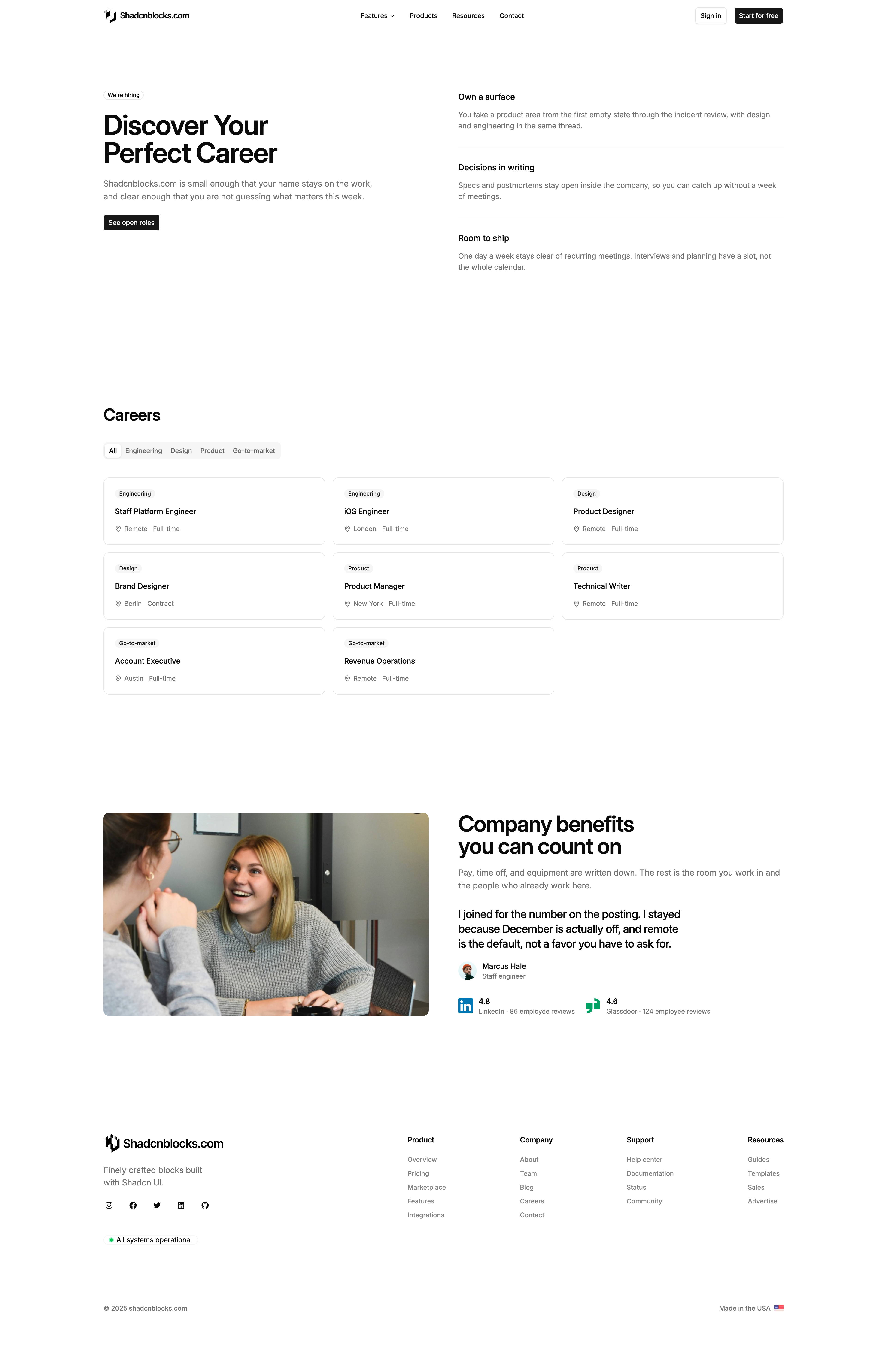 Shadcn Careers Page 2 - Careers page with workplace photos and department tabs