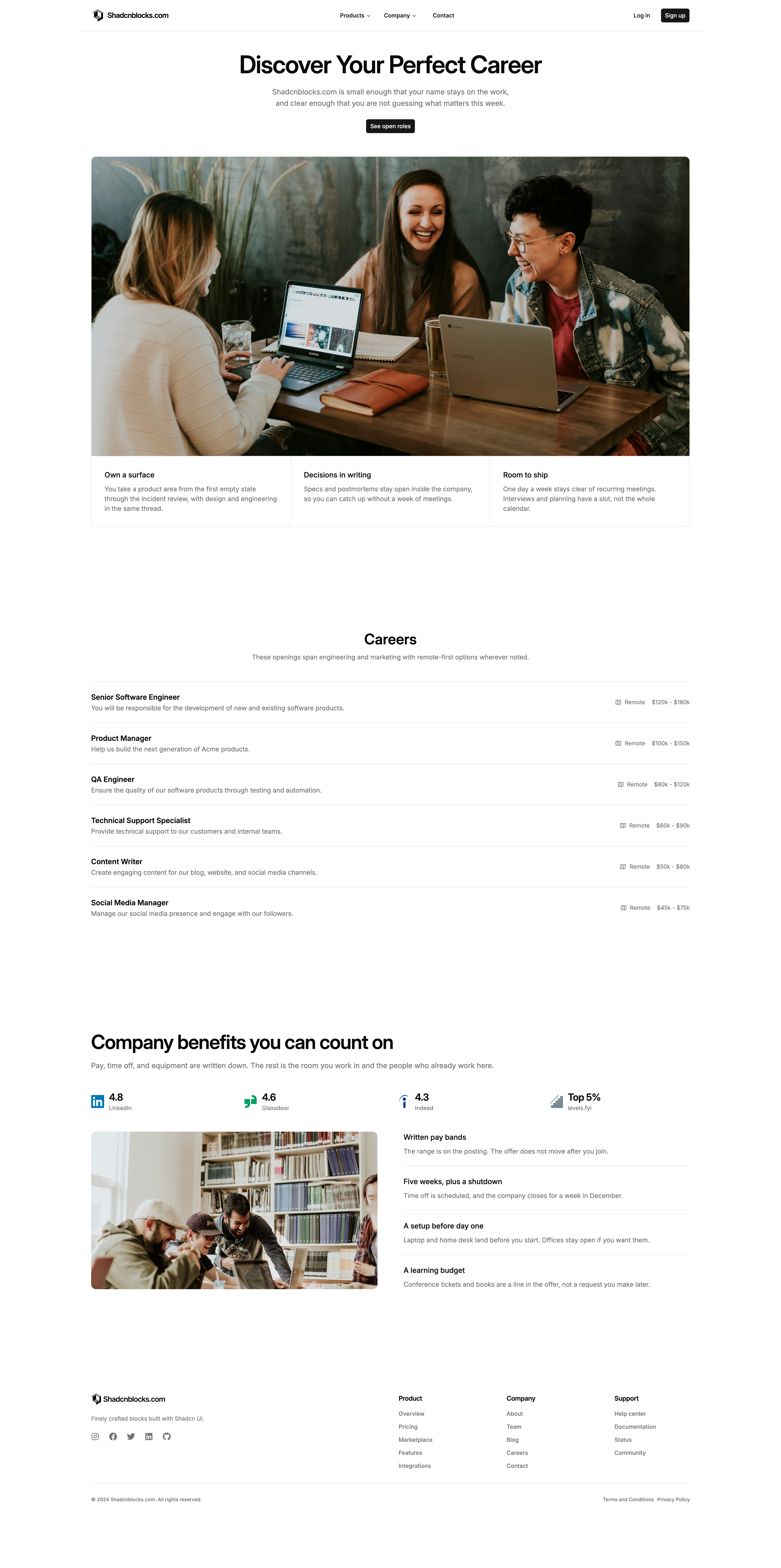 Shadcn Careers Page 3 - Centered careers page with a photo intro