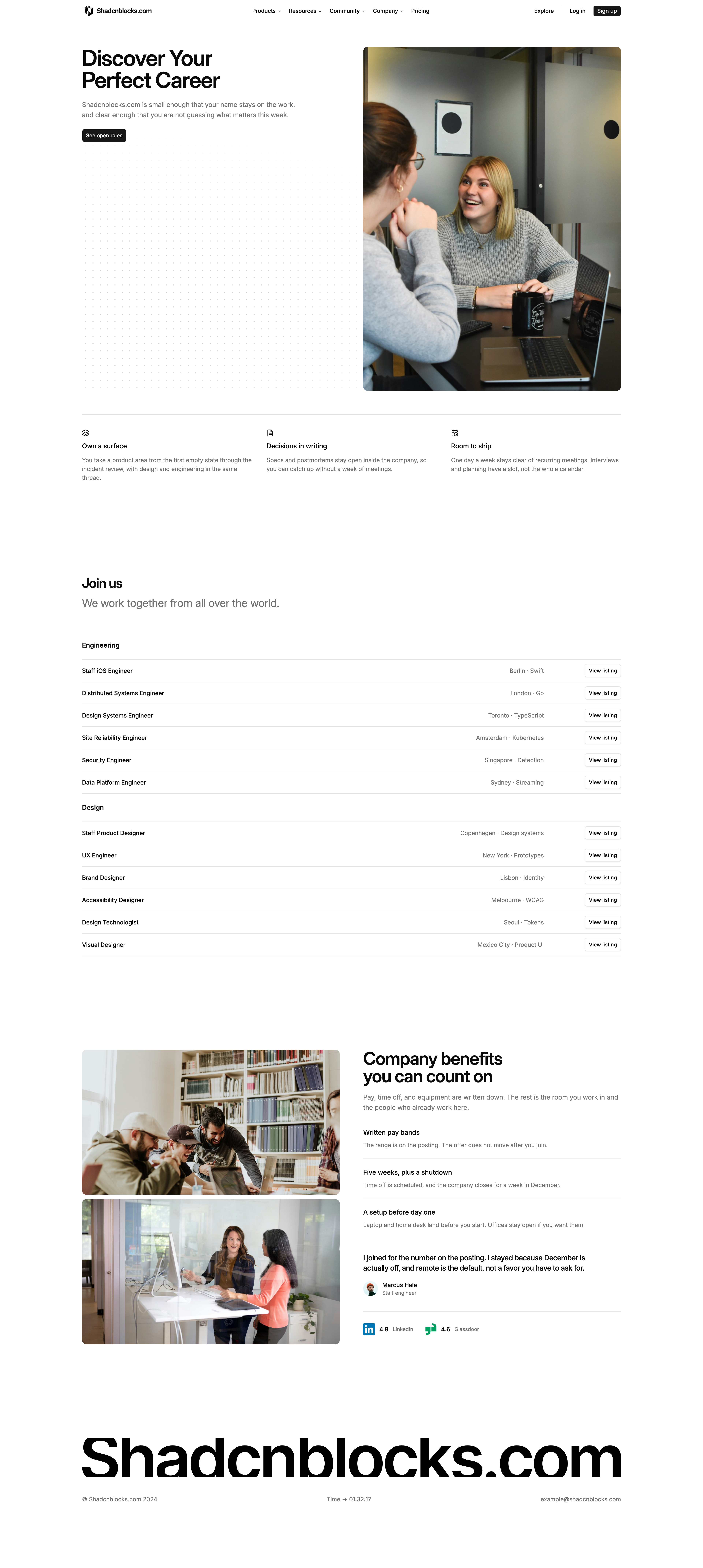 Shadcn Careers Page 4 - Careers page with a photo intro and two workplace shots