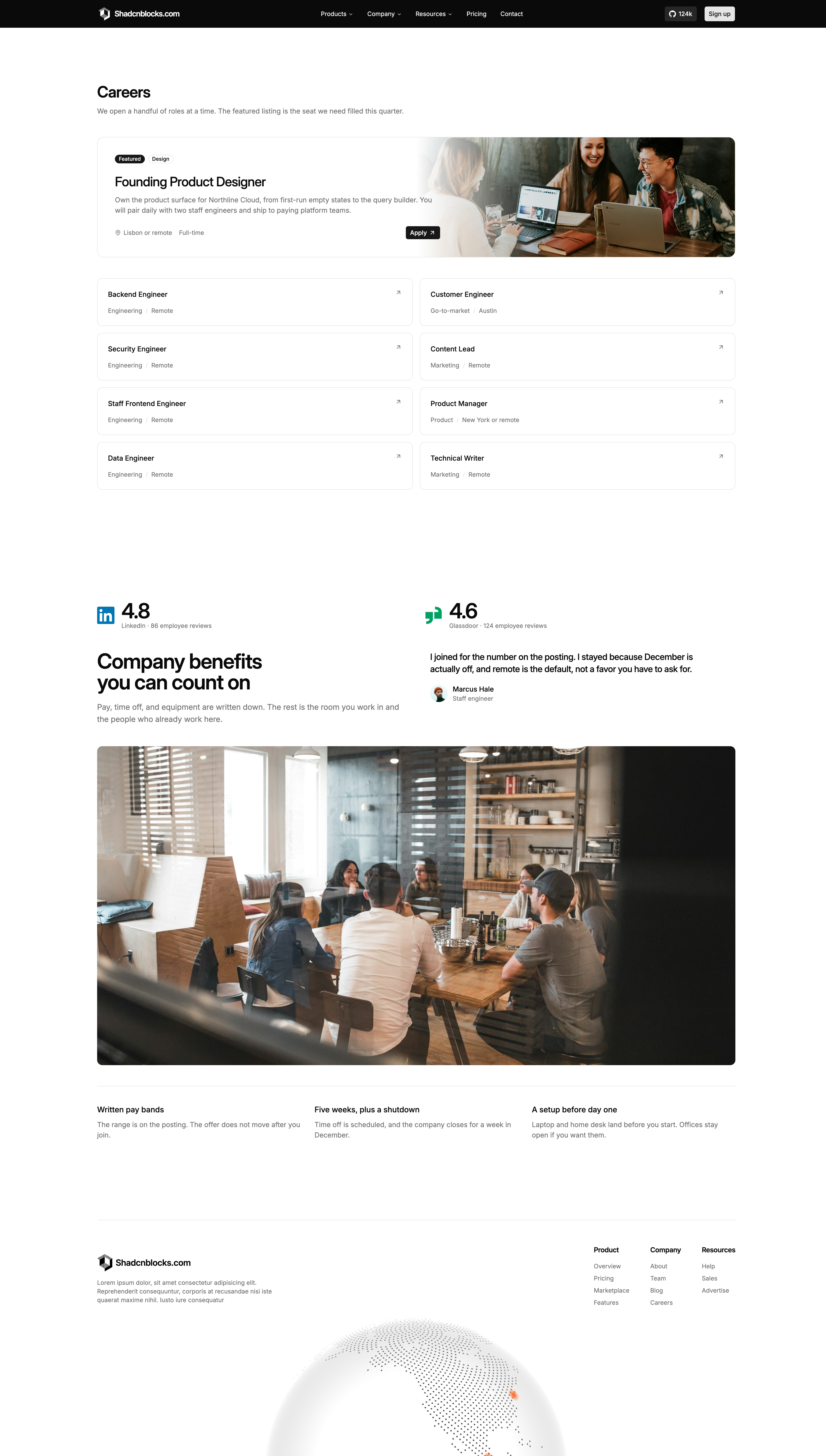 Shadcn Careers Page 5 - Careers page with a featured opening and employer scores