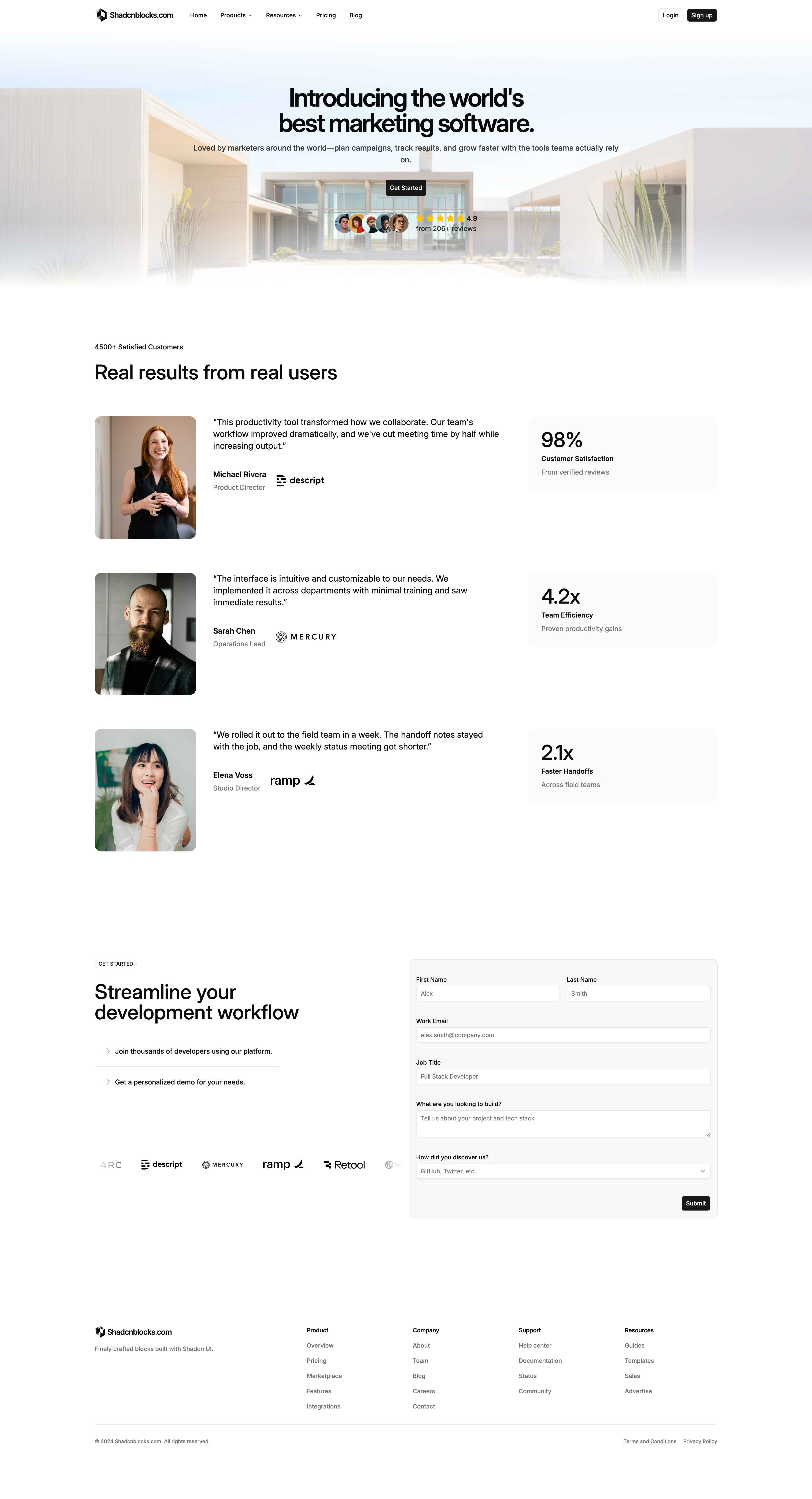 Shadcn Case Studies Page 1 - Case studies page with a photo hero and a demo form