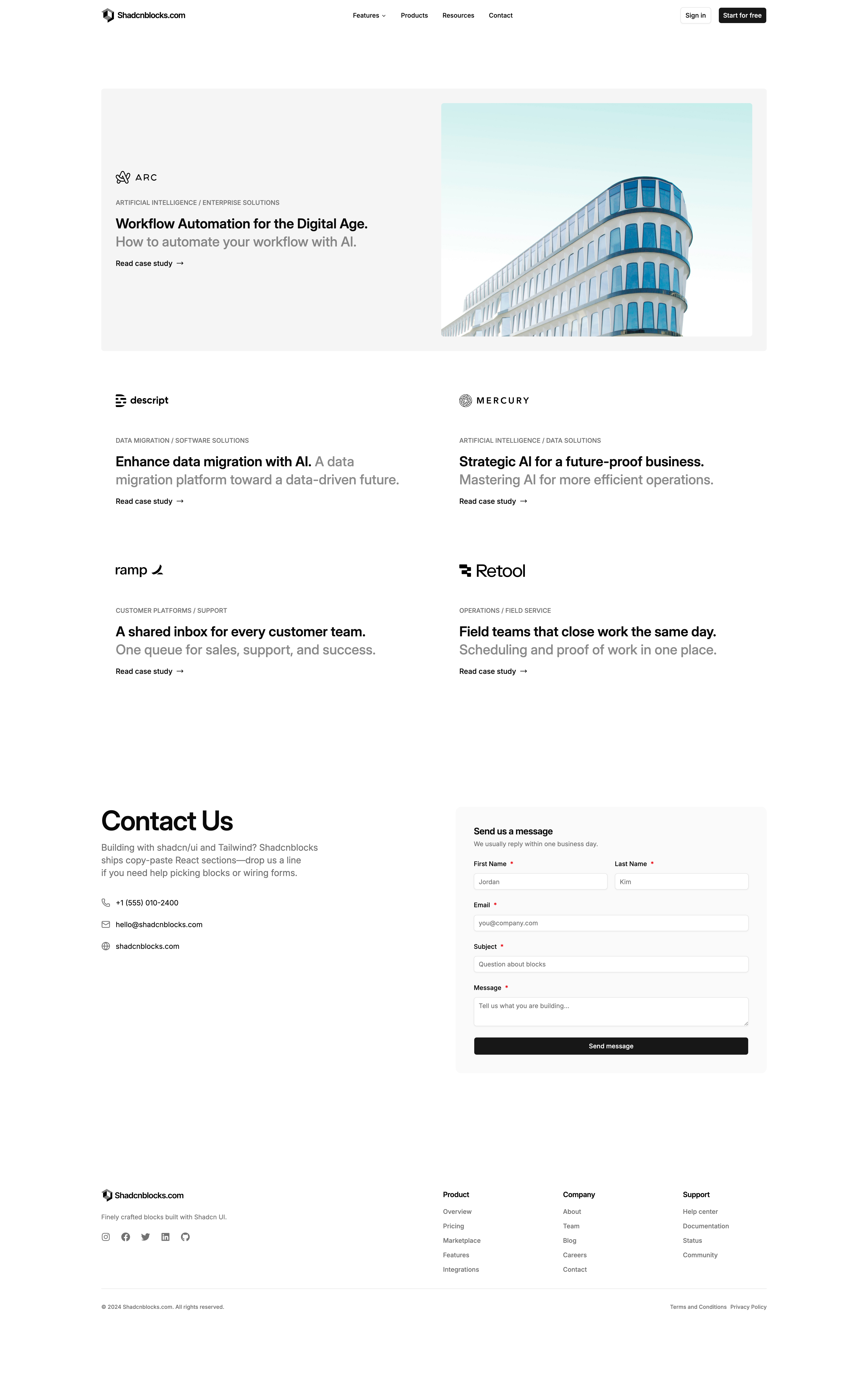 Shadcn Case Studies Page 2 - Case studies page with an open story list and contact form