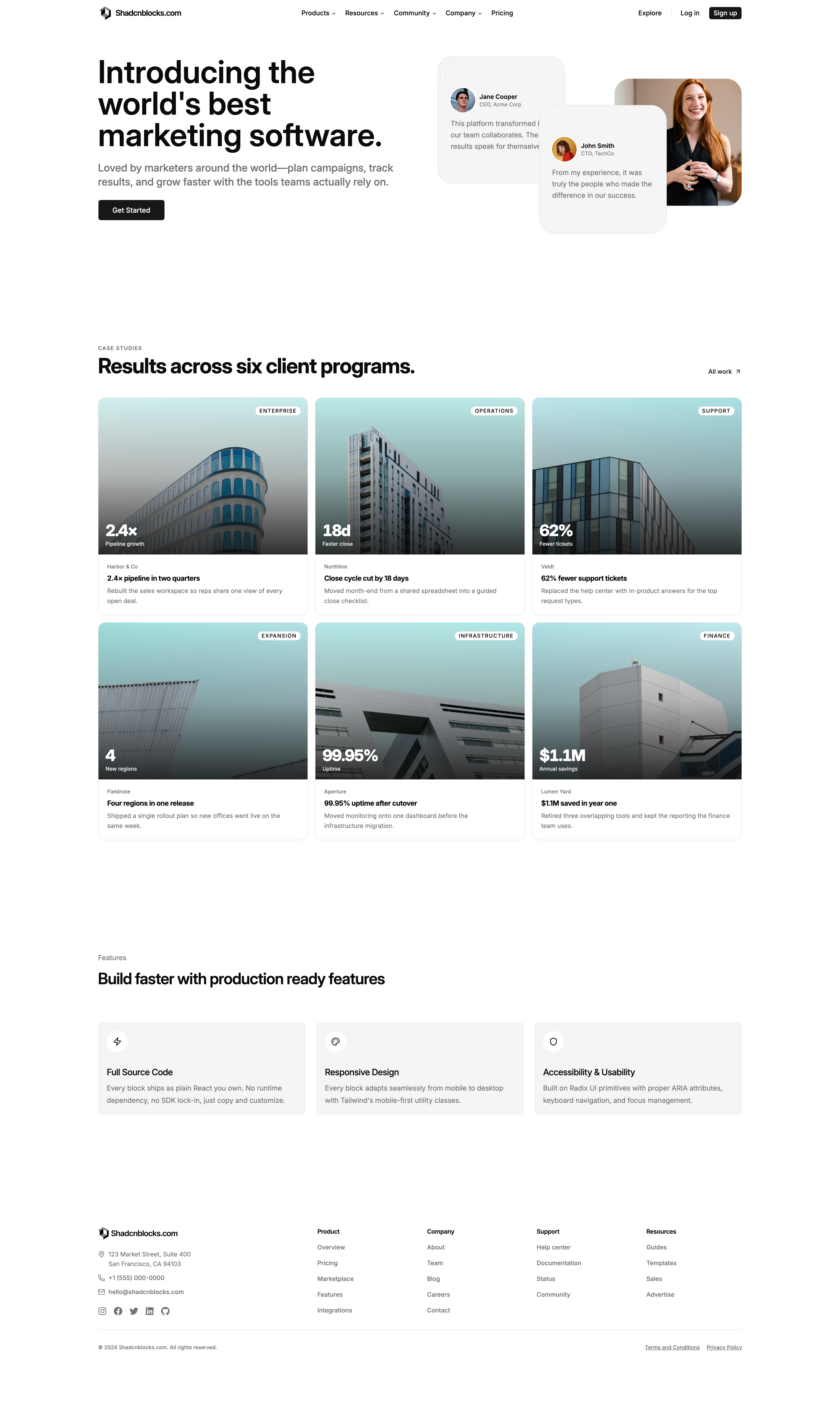Shadcn Case Studies Page 3 - Case studies page with metric cards and feature pillars