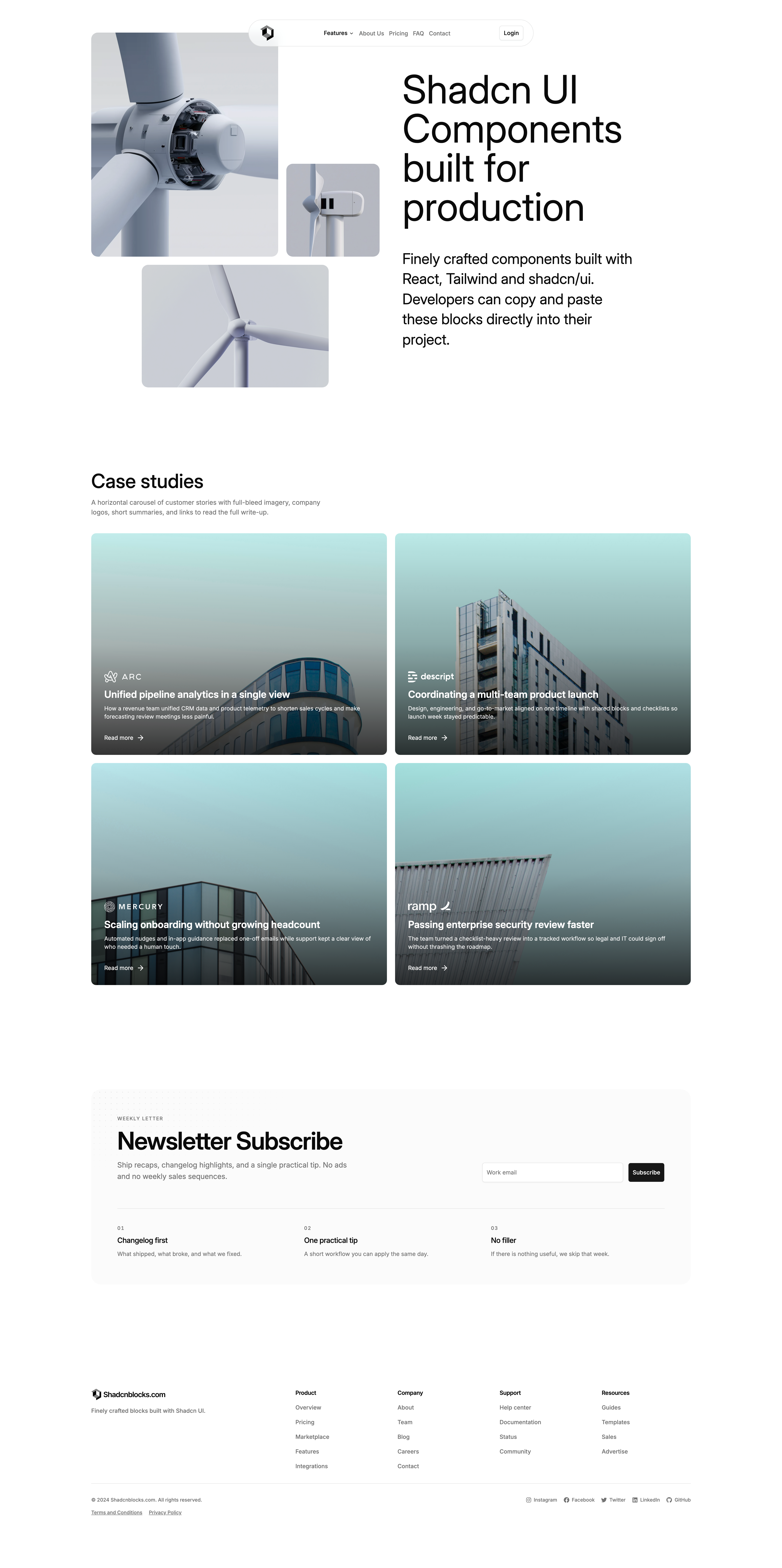 Shadcn Case Studies Page 4 - Case studies page with a photo lattice and a newsletter