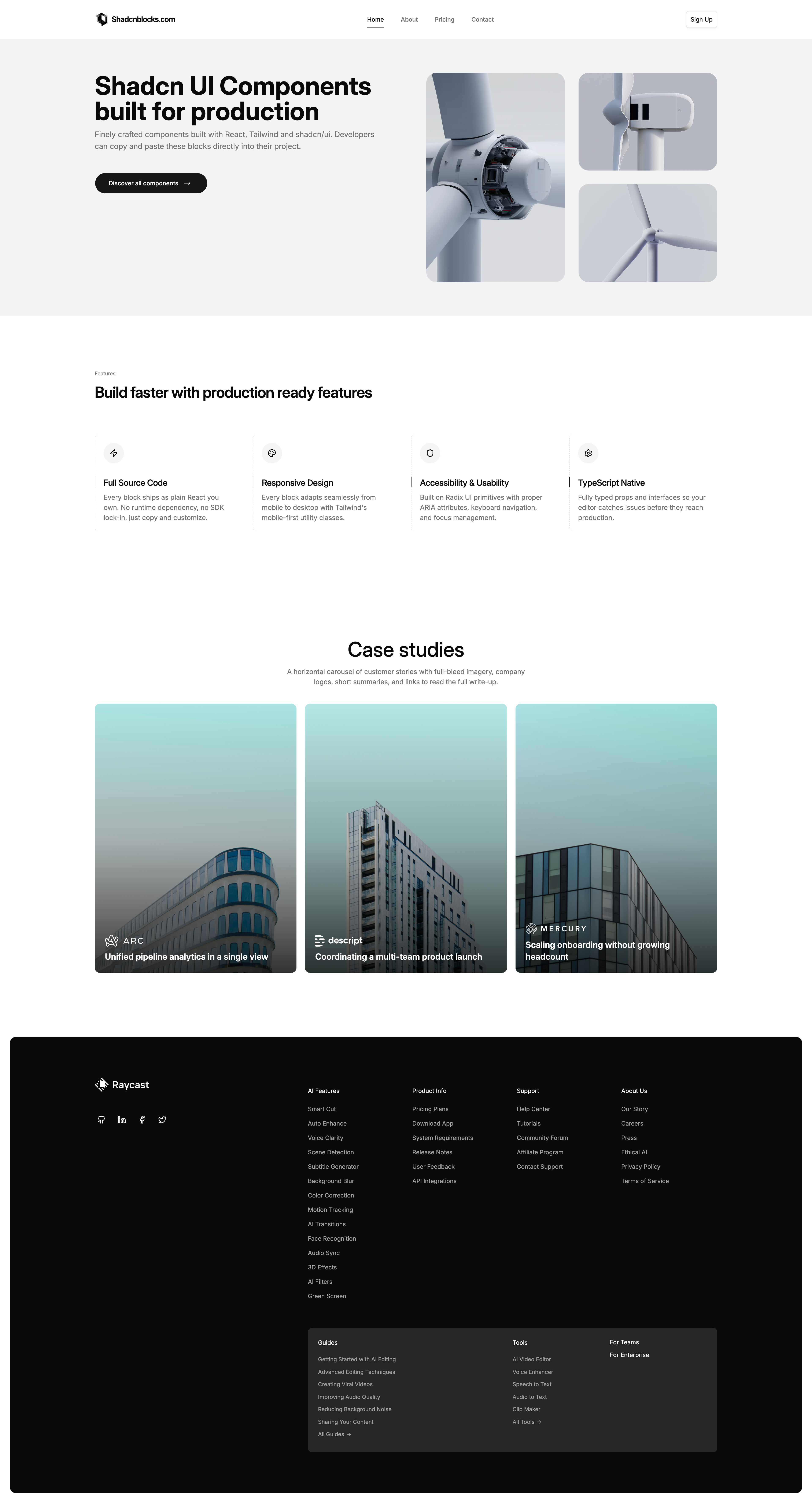 Shadcn Case Studies Page 5 - Case studies page with a bento hero and icon features