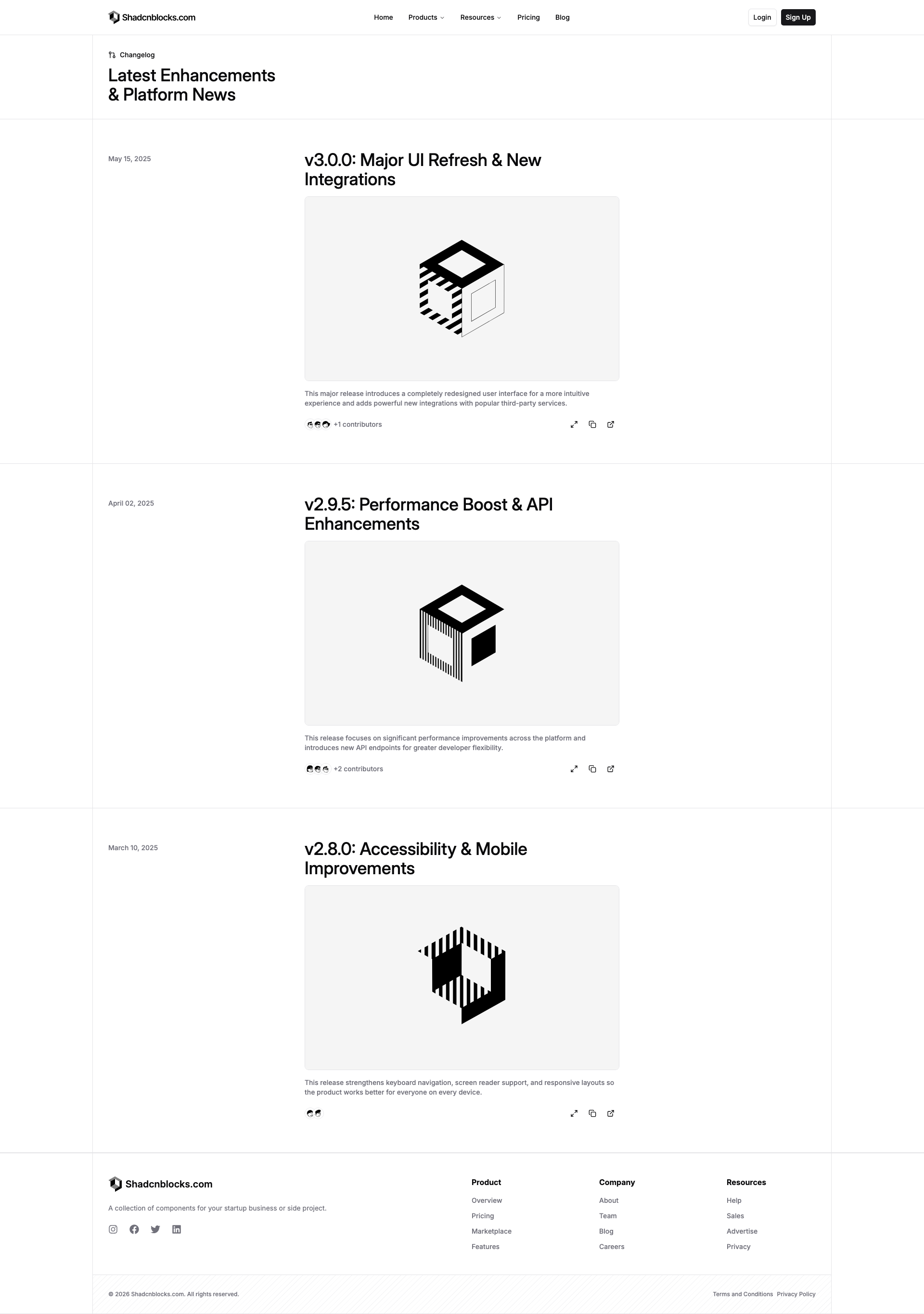 Shadcn Changelog Page 3 - Changelog with release overlay actions