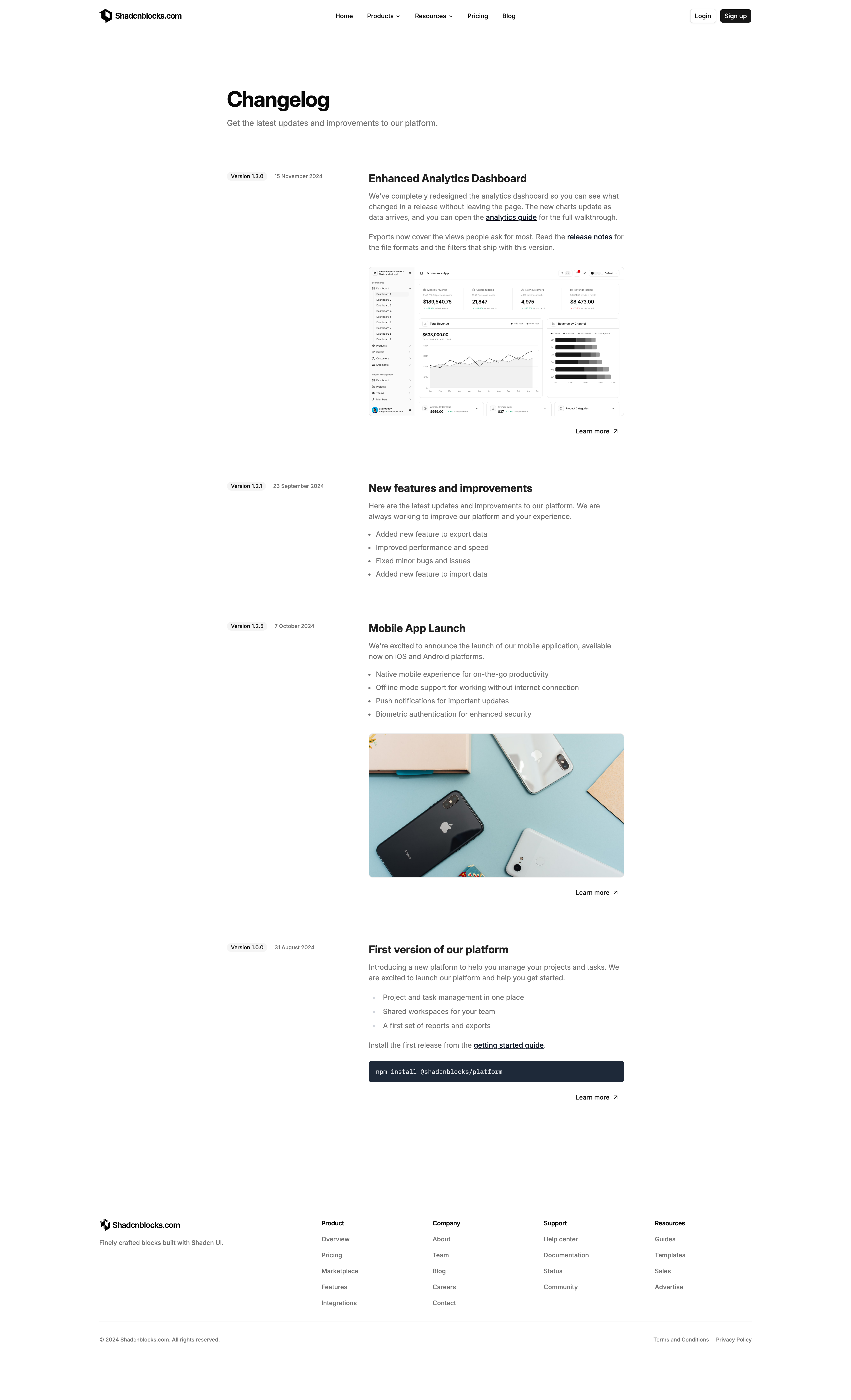 Shadcn Changelog Page 5 - Free changelog page with sticky version rail