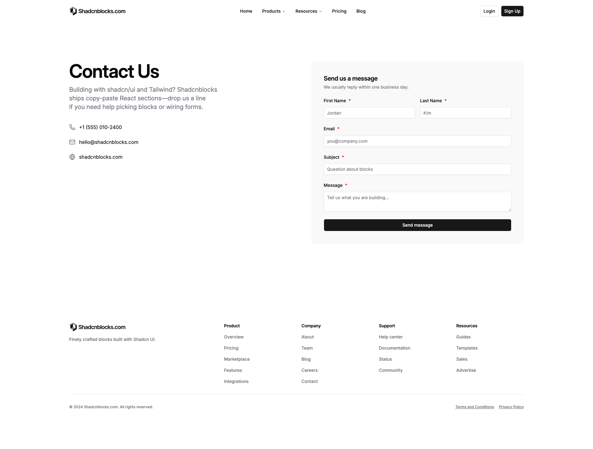 Shadcn Contact Page 1 - Basic contact page with link columns
