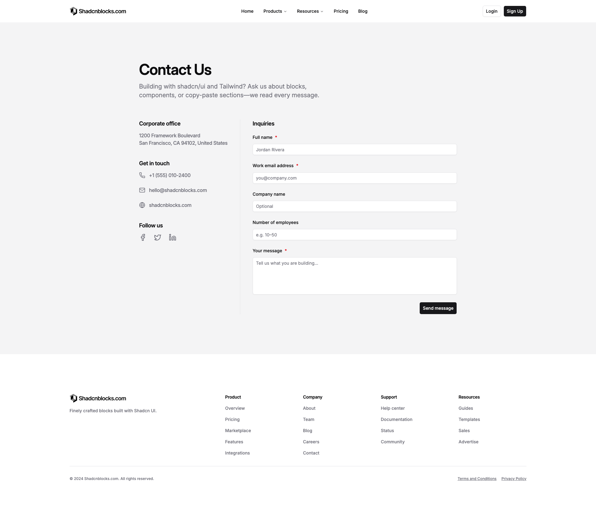 Shadcn Contact Page 2 - Contact page with social links
