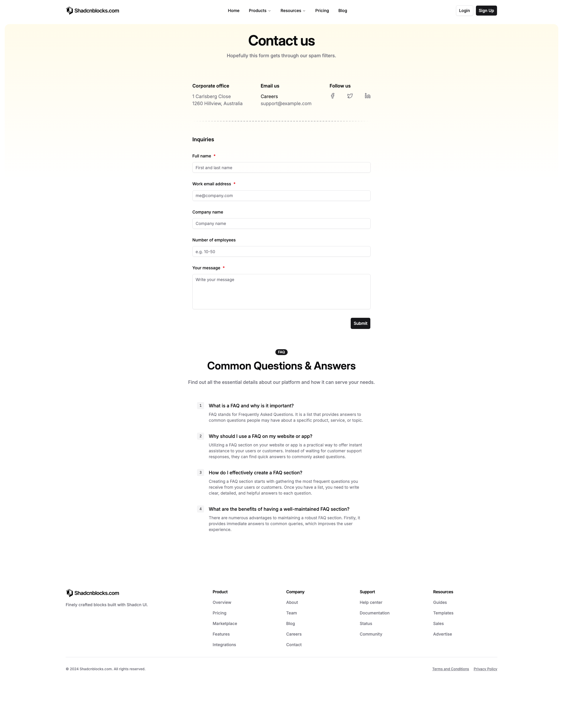 Shadcn Contact Page 3 - Contact page with gradient header and FAQ