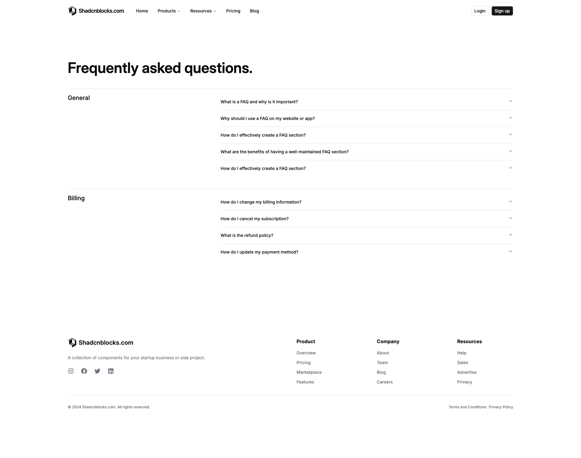 Shadcn Faq Page 2 - Compact categorized FAQ page