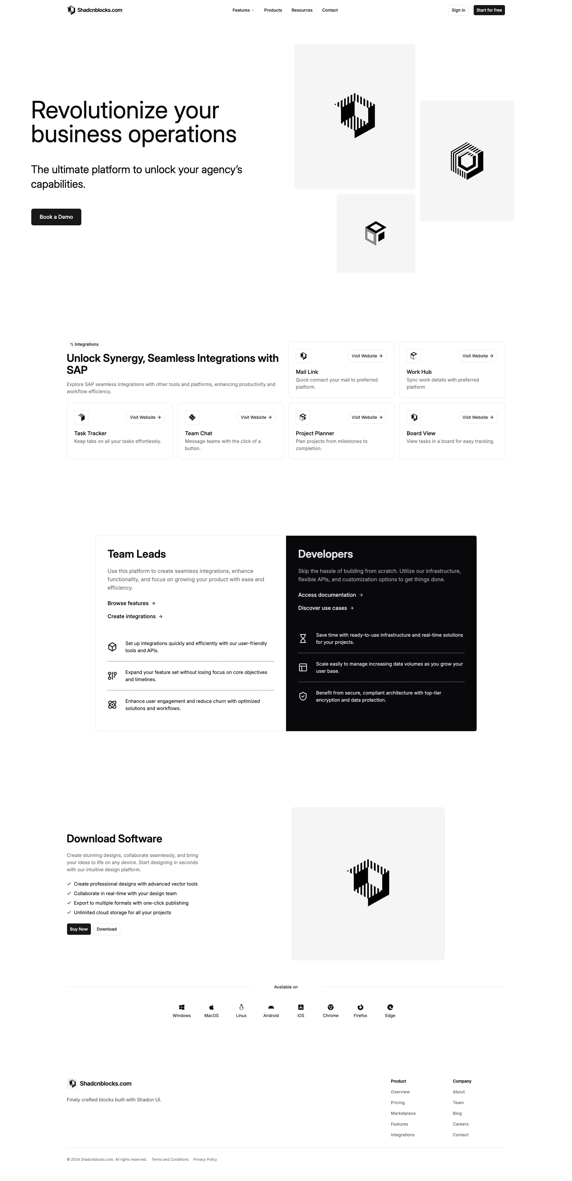Shadcn Landing Page 13 - Integration grid landing with download close