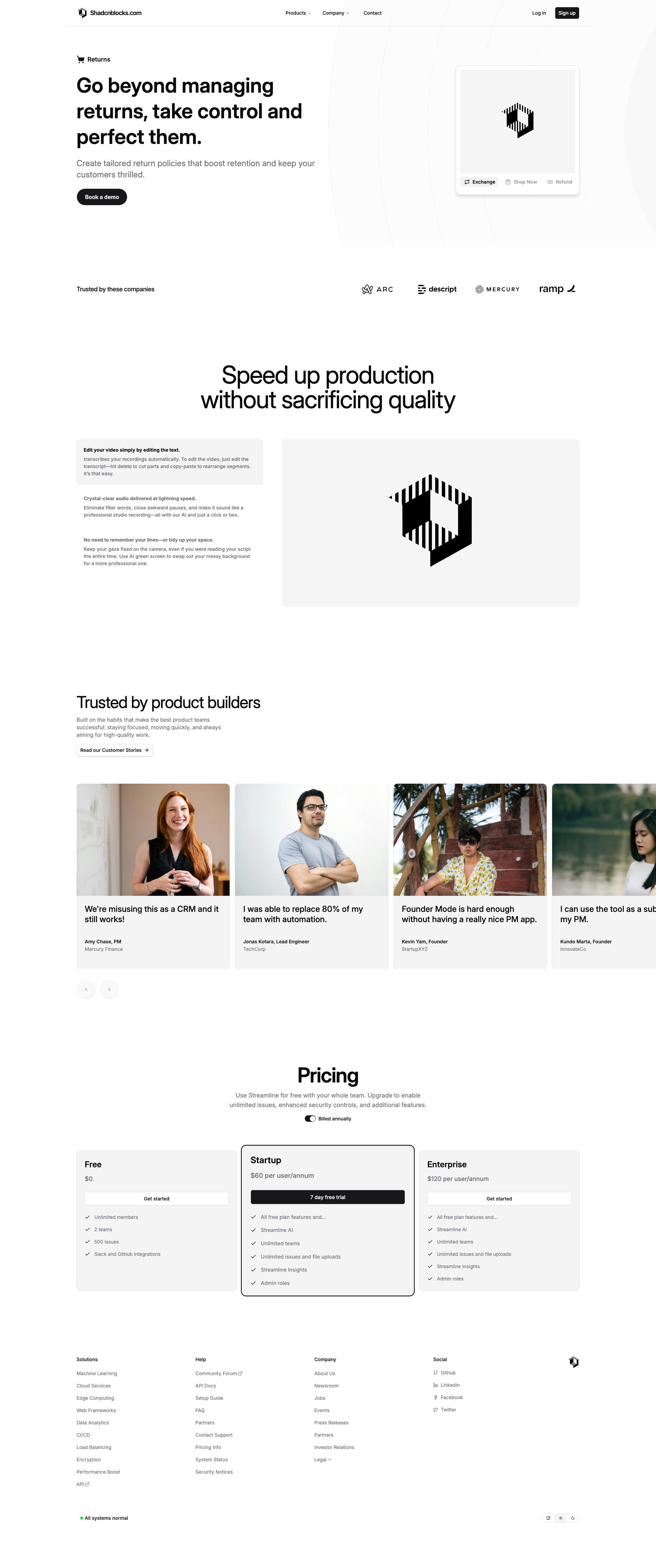 Shadcn Landing Page 14 - Returns-focused commerce homepage